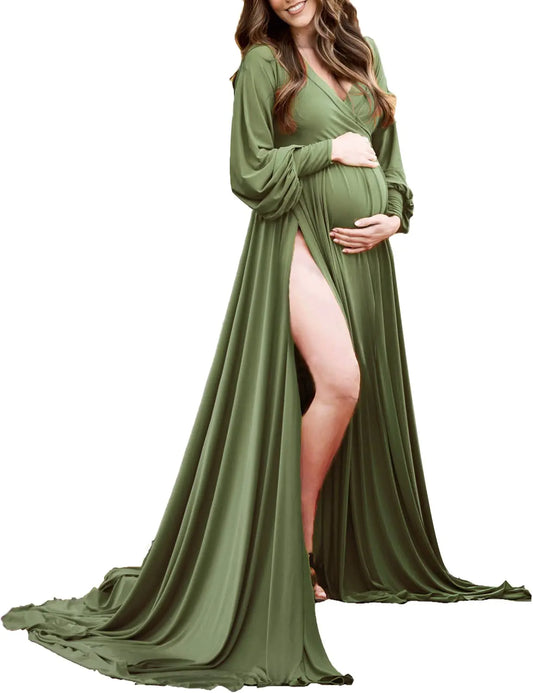 Maternity Gown Bishop Sleeves Baby Shower Dress Wrap Side Slit Sweetheart Maxi Photo Shoot for Photography（Amygreen XS ）