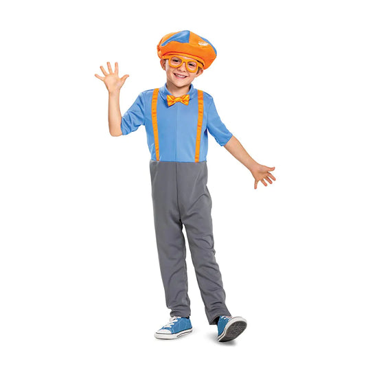 Blippi Costume for Kids Official Blippi Jumpsuit Outfit with Hat and Bowtie Classic Toddler Size Medium (3T-4T) Multicolored