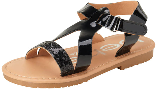 bebe Girls’ Sandals – Strappy Open Toe Leatherette Toddler Sandals - Cute Glitter Hook and Loop Sandals for Girls (Toddler) Size 8 Toddler Black