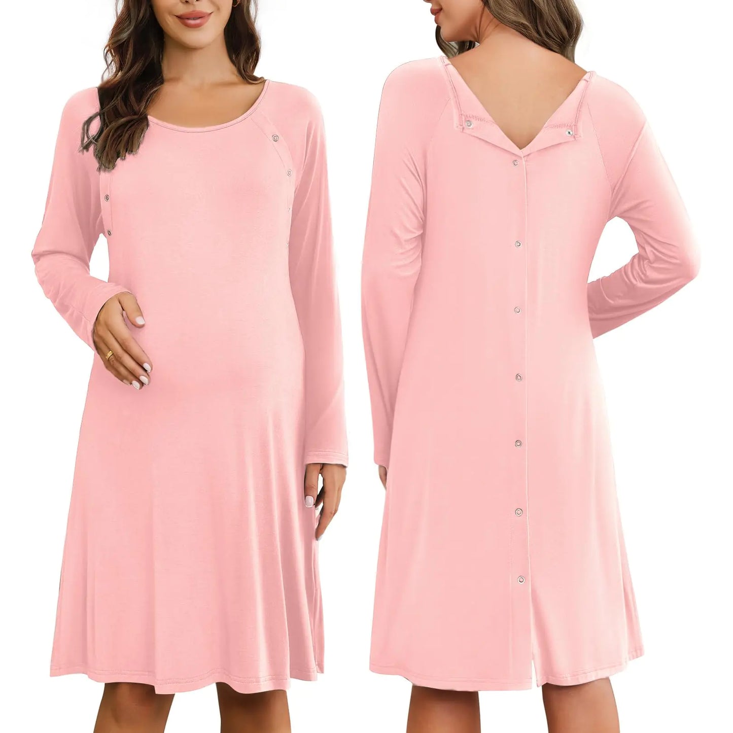 Ekouaer Women Maternity Nightgown Labor Delivery Nursing Gown Hospital Breastfeeding Dress Button Down Long Sleeve Sleepwear Pink L
