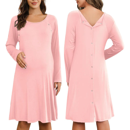 Ekouaer Women Maternity Nightgown Labor Delivery Nursing Gown Hospital Breastfeeding Dress Button Down Long Sleeve Sleepwear Pink L