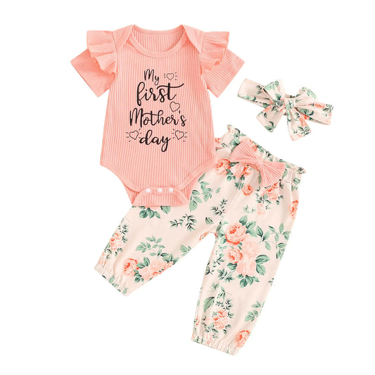 Adobabirl Newborn Baby Girl Clothes Short Sleeve Ribbed Romper Onesie Bowknot Floral Pants Headband 3Pcs Clothing Set (My First Mothers Day Pink 6-12 Months)